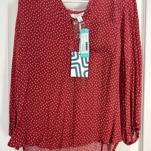 Market & Spruce Red Blouse with Relaxed Fit and Mandarin Collar